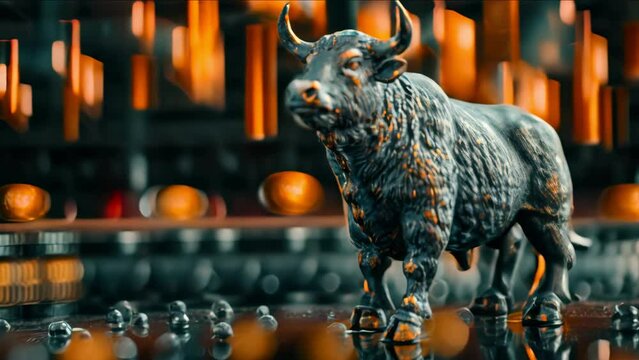 Financial and business candle stock graph chart, Bull vs bear concept, macro shot of a detailed bull and bear figurine standing on a reflective surface with a sharp, focused candlestick chart