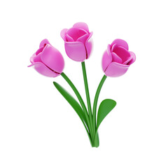 3D Three Cute Stalk Pink Tulips. 3d illustration, 3d element, 3d rendering. 3d visualization isolated on a transparent background