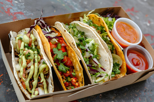 tacos with various fillings and sauce