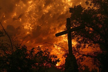 The Cross metallic and stark contrasts with a fiery sunset representing hope amidst turmoil