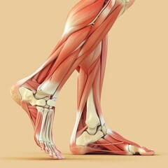 This image provides an anatomical overview of the human leg, detailing the complex interplay of muscles and bones from the knee to the foot. - obrazy, fototapety, plakaty