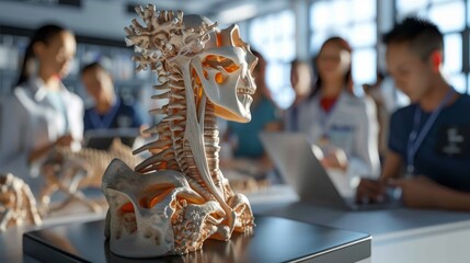 A detailed spinal anatomy model is used as an educational tool in a medical learning environment, with students engaging in the background.