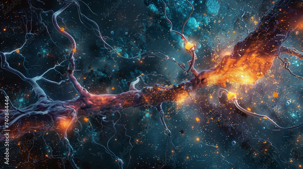 Poster cosmic-inspired digital art of neuronal synaptic transmission, highlighting the complex network of n