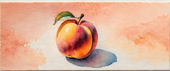 One ripe peach with leaves. Fruit illustration in watercolor style.