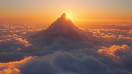 A majestic mountain peak piercing through a sea of clouds, bathed in the golden light of the setting sun - obrazy, fototapety, plakaty