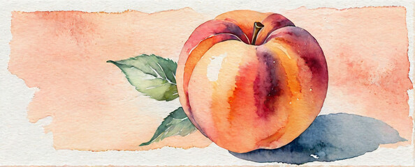 One large ripe peach. Fruit illustration in watercolor style. Abstract watercolor painting.
