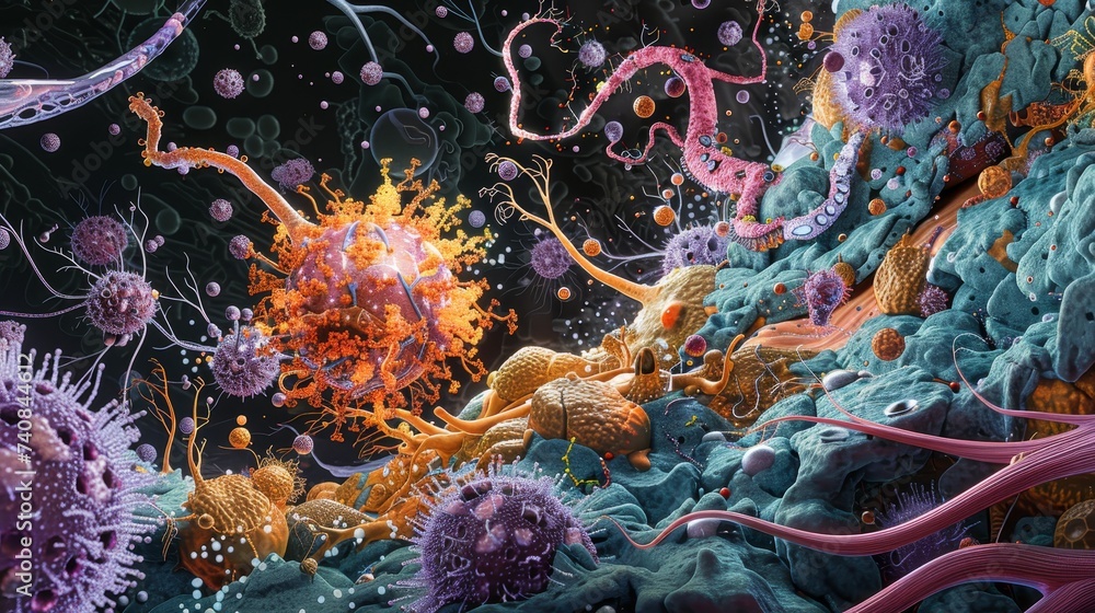 Poster intricately detailed visualization of a cellular microcosm, highlighting interactions between divers