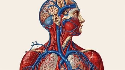 Detailed vintage anatomical illustration showing the human circulatory system with veins, arteries, and heart in profile view.