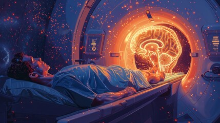 A patient lies in a state-of-the-art neural imaging machine with a glowing display of brain activity, set against a backdrop of the cosmos.
