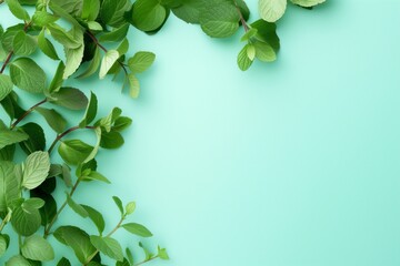 Vibrant green leaves sprawl across a soothing teal backdrop with ample copy space