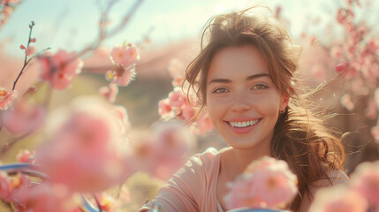 Beautiful woman smiling on the photo, spring mood, flowering. 