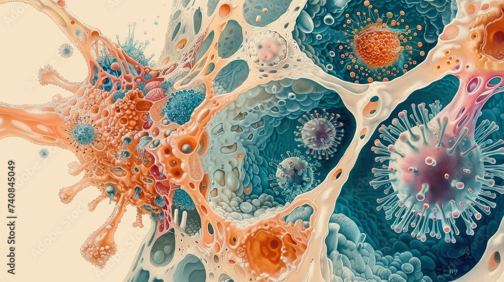 Poster artistic of a cellular microenvironment, showcasing a diverse range of cell types and intracellular 