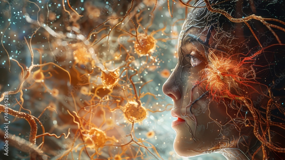 Poster a digital artwork merging a human profile with a conceptual neural network, symbolizing the complexi