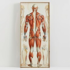 A vintage anatomical chart detailing the human muscular system from a posterior view, with labeled muscle groups.