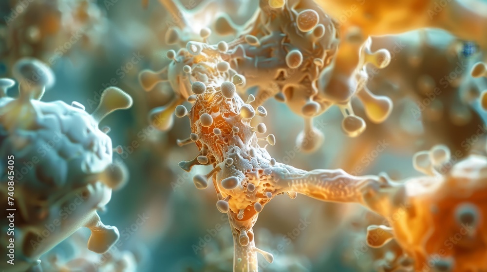Poster 3d of a synapse with neurotransmitter release, representing neural communication at the microscopic 