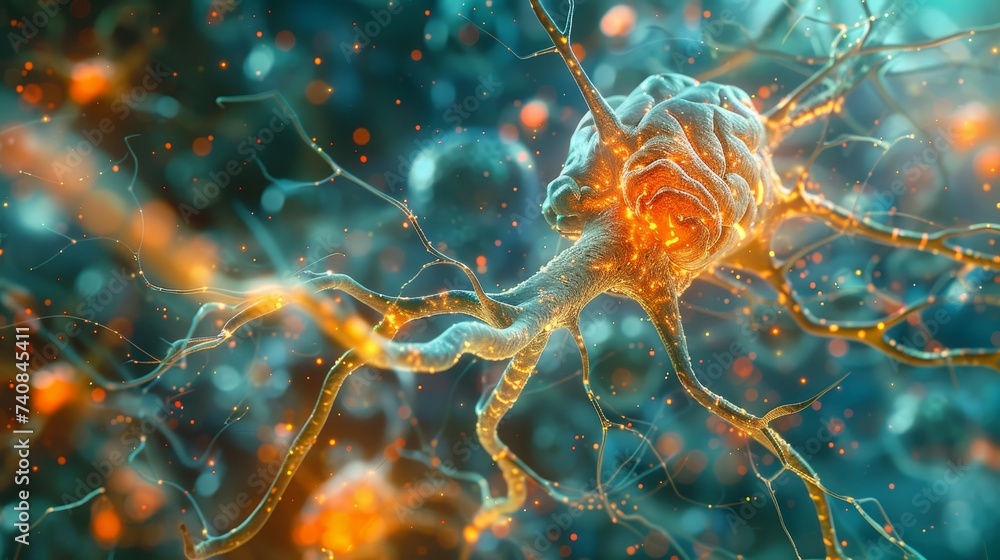 Poster digital illustration of active neuron firing within a neural network, simulating brain activity.