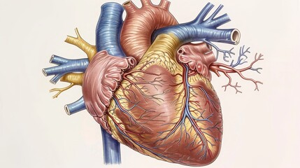 Artistic illustration depicting the external view and vascular network of the human heart.