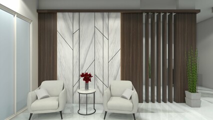 Waiting Seat Lobby Design with Minimalist Armchair and Wall Background Panel