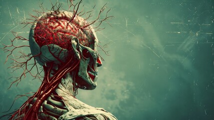 Anatomical representation of a human head with exposed brain and vascular system against a vintage backdrop.