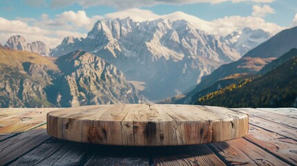 Wooden podium against a backdrop of mountains a confluence of human craft and natural majesty