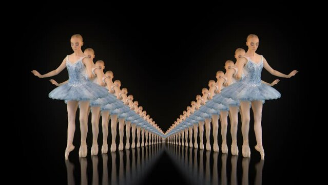 Ballerina in blue costume performing in mirrored tunnel on black background, elegant ballet seamless VJ loop