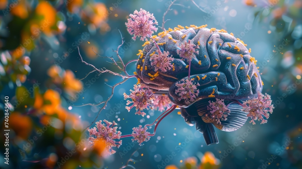 Poster A surreal artistic depiction of a human brain with neuron and synapse structures intertwined with vibrant floral elements.
