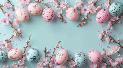 Fototapeta na wymiar Easter eggs and flowers decoration, frame on blue background, copy space, greeting card template