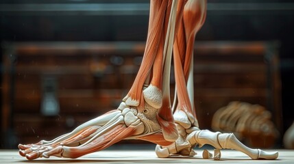 A detailed anatomical model showcasing the complex structure of muscles, tendons, and bones in the human foot.