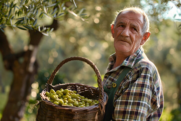 basket with olives and olives in the hands of a farmer in a plaid shirt, against a background of olive trees, olive grove