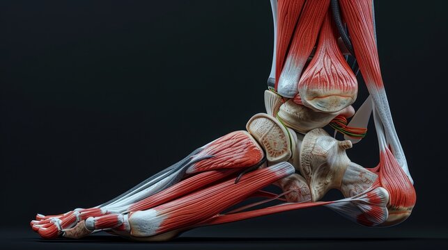 This highly detailed anatomical model exhibits the muscles, tendons, and bones of the human leg with exceptional clarity.