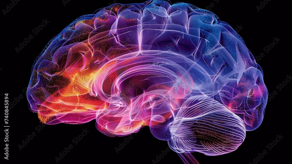 Poster this image depicts a dynamic representation of the human brain with vibrant neurological connections