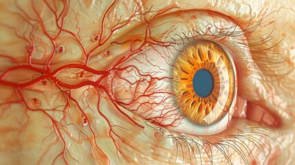 A hyper-realistic close-up image of the human eye, emphasizing the intricate vascular network and detailed iris texture.