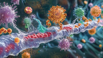 Colorful and detailed representation of viruses interacting with a strand of DNA, visualized in 3D illustration.