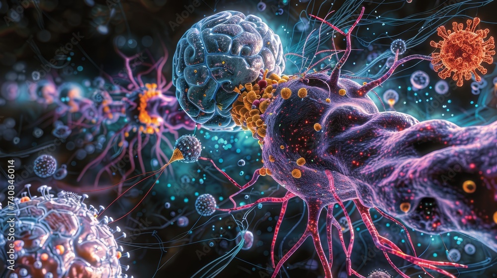 Poster digital artwork of neural synapses within a neural network being invaded by various pathogens, highl