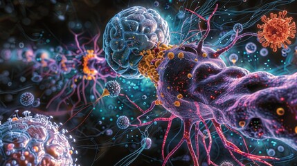Digital artwork of neural synapses within a neural network being invaded by various pathogens, highlighting the intersection of neurology and immunology. - obrazy, fototapety, plakaty