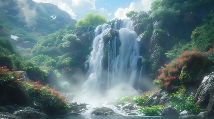 A majestic waterfall cascading down a rocky cliffside, surrounded by lush vegetation and mist rising into the air