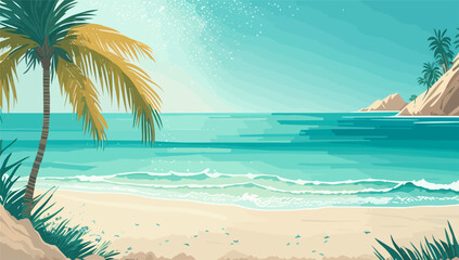 Fototapeta na wymiar Tropical Sea beach background, landscape with sand beach, sea water edge and palm trees. Colorful vector art illustration, banner, wallpaper