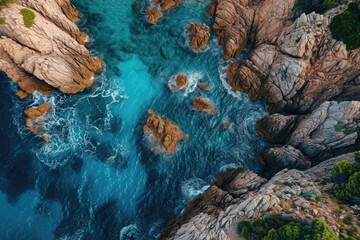 This aerial photo captures a majestic rocky coastline meeting the vibrant blue waters, Dramatic aerial scenery of azure sea surrounding rugged rocks, AI Generated