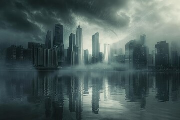 Fototapeta premium Aerial View of an Expansive Urban Landscape With Towering Skyscrapers, Dramatic cityscape with skyscrapers-rimmed riverside, AI Generated
