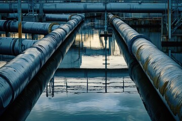 Numerous pipes are carefully aligned in a symmetrical formation amidst the expanse of a large body of water, Dramatic reflections of industrial pipelines on water, AI Generated