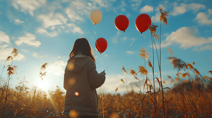 Standing in an empty field, a young woman releases a handful of biodegradable balloons, the moment of eco-friendly celebration immortalized by the lens of a Sony digital HD camera. - obrazy, fototapety, plakaty