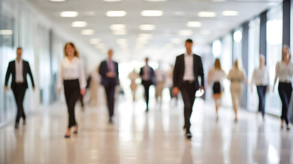 Bright business workplace with people  walking finish work  blurred motion and blurred background