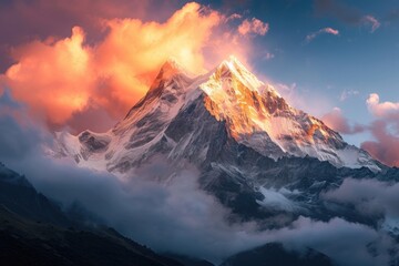 A soaring mountain is enveloped in clouds against a backdrop of a cloudy sky, Dramatic sunrise illuminating a mountain peak, AI Generated