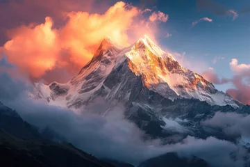 Papier Peint photo Matin avec brouillard A soaring mountain is enveloped in clouds against a backdrop of a cloudy sky, Dramatic sunrise illuminating a mountain peak, AI Generated