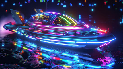 an unusual boat with multicolored lights