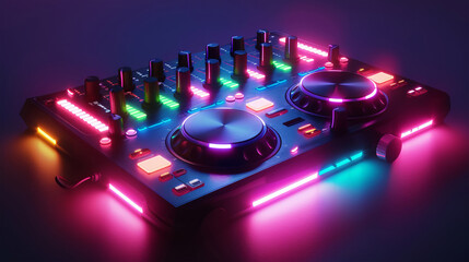 Fototapeta na wymiar dj music mixer with colorful sliders on a dark background.