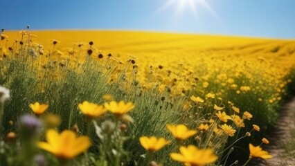 Beautiful field of yellow flowers in the sunset light. - obrazy, fototapety, plakaty