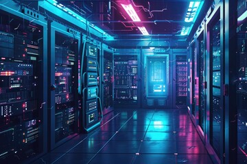 A large room filled with numerous computer servers organized in racks and connected by cables, Draw a network attached storage as a futuristic data center, AI Generated