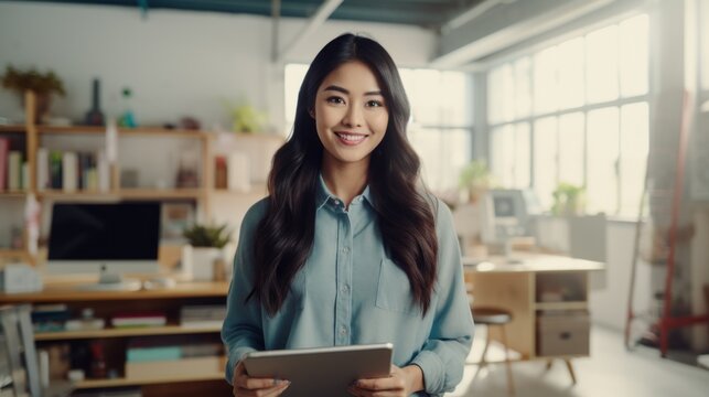 A smiling Asian woman, architect, graphic designer or interior designer holds a tablet computer in a modern creative studio.