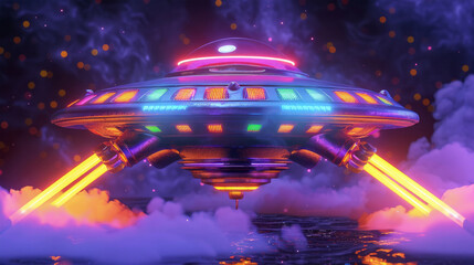Obraz premium unusual alien spaceship with multicolored lights